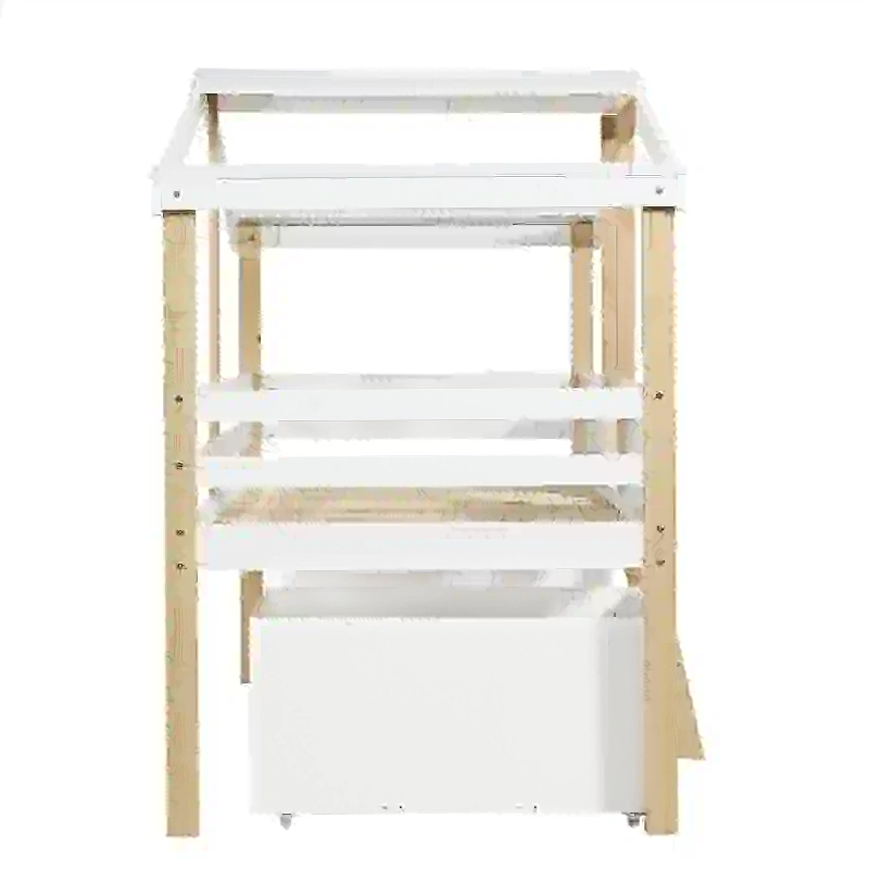 Children's Wooden Storage Bed with Safety Guardrail, Roof Design and Two Wheeled Storage Boxes, 196L x 98W x 158.5H cm, White+Natural