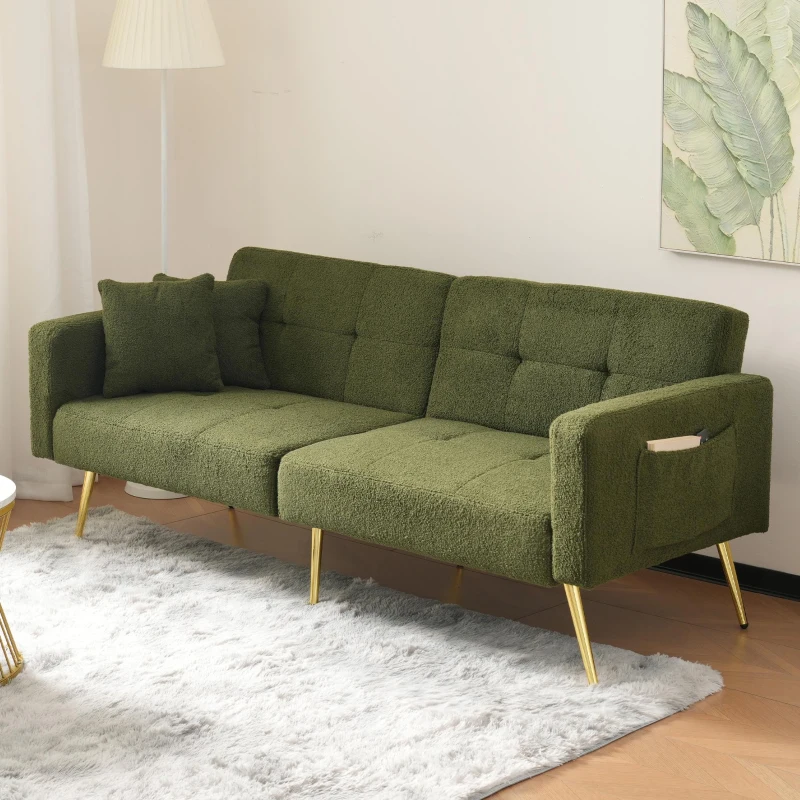 Convertible Sofa Bed with Adjustable Backrest, Gold Legs, Side Pockets, Sherpa Fabric Loveseat for Living Room, 176L x 64W x 75H cm, Green