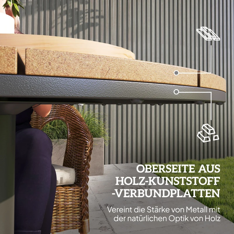 Outsunny Tuintafel Ø70 cm, Weerbestendige Ronde Balkontafel met Lamellenontwerp, Staal Ø70 x 74H cm Natuurlijk Hout