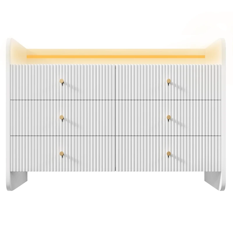 Fluted 6-Drawer Sideboard with RGB LED Lighting, Modern Storage Cabinet for Living Room, Bedroom, Dining Room, Office, 120L x 40W x 75H cm, White