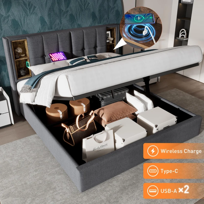 Upholstered Super King Size Bed Frame with Wireless Charging, Hydraulic Storage, 206L x 185W x 100.5H cm, Grey