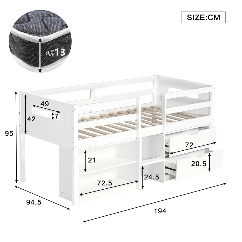 3ft Storage Bed with 2 Drawers and Compartments, Pine and Particle Board, for Children's Room - White