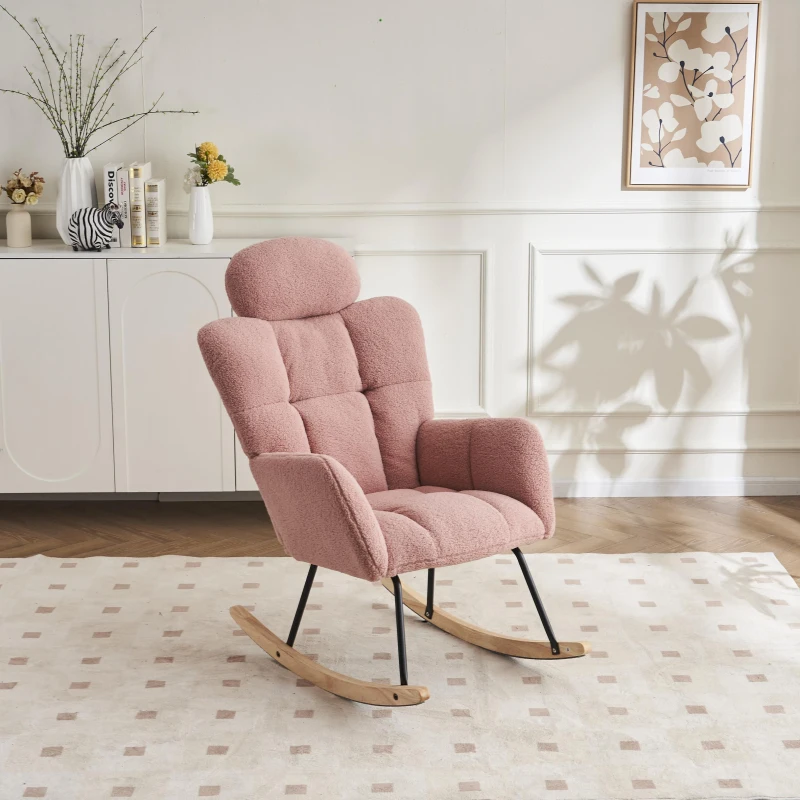Upholstered Tufted Teddy Fabric Rocking Chair with Headrest and Backrest, Wooden Frame, Painted Metal Base, 102L x 70W x 105H cm, Pink