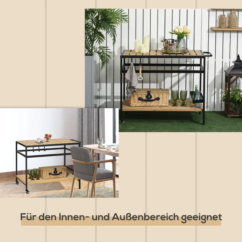 Outsunny Servierwagen im Industrie-Design, wetterbeständig, 3 Haken, 1 Regal,107 cm x 65 cm x 80 cm, Schwarz +Natur