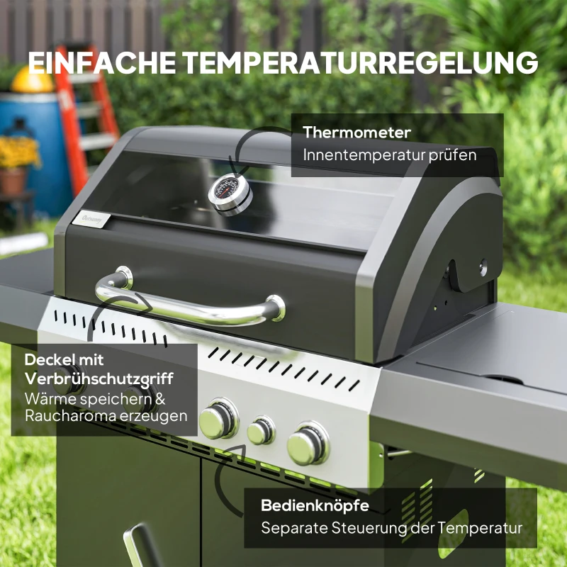 Outsunny Gasgrill 12 KW Grillwagen inkl 5 Brenner Seitenkocher Rolle Deckel Thermometer Seitenablagen 135 x 54 x 110 cm(m-6)