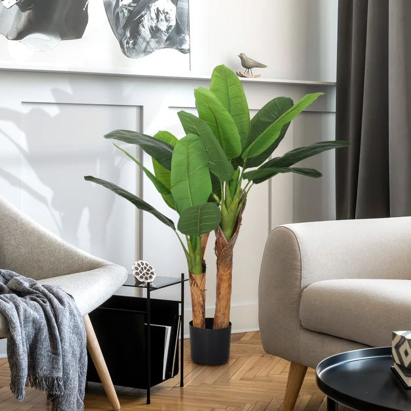 HOMCOM Plantă Artificială de Bananier cu Ghiveci, 2 Trunchiuri și 15 Frunze, Ø17x120 cm, Verde(m-6)