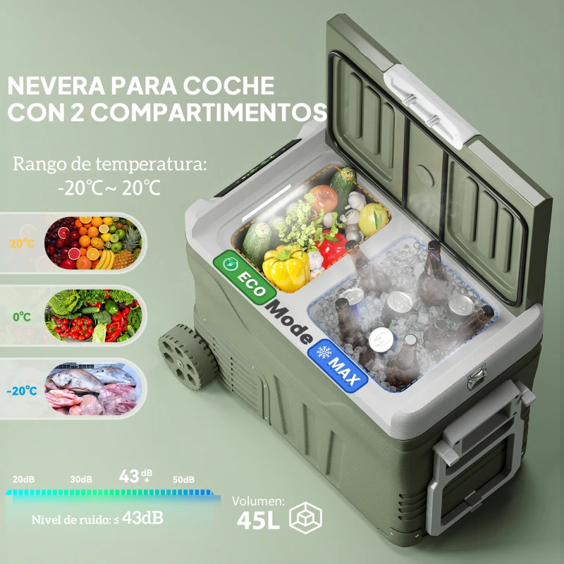 Outsunny Nevera Portátil Eléctrica 45L Refrigerador de Coche 12V/24V -20℃ a +20 ℃ con Pantalla LED Táctil 64,5x43,5x53 cm Verde