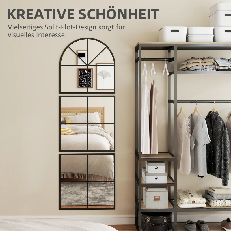 HOMCOM Trzyczęściowe lustra ścienne, łukowate z metalową ramą, dekoracyjne 60 x 2 x 180 cm Czarne