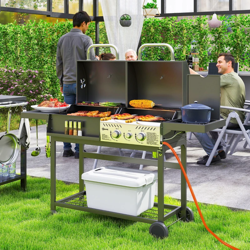 Outsunny Barbecue a Carbone e Gas con 3 Bruciatori e Coperchio, Termometro, Ruote e Ripiani, Nero