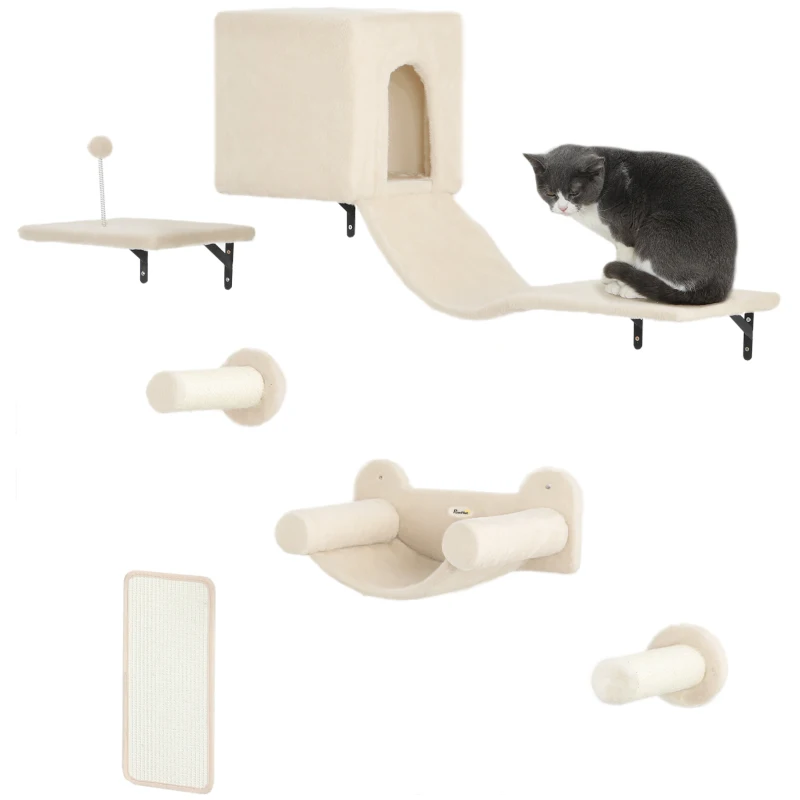 PawHut Juego de Escalada para Gatos de Pared de 6 Piezas con Condominio Plataforma Hamaca Escaleras y Tabla de Rascar Beige