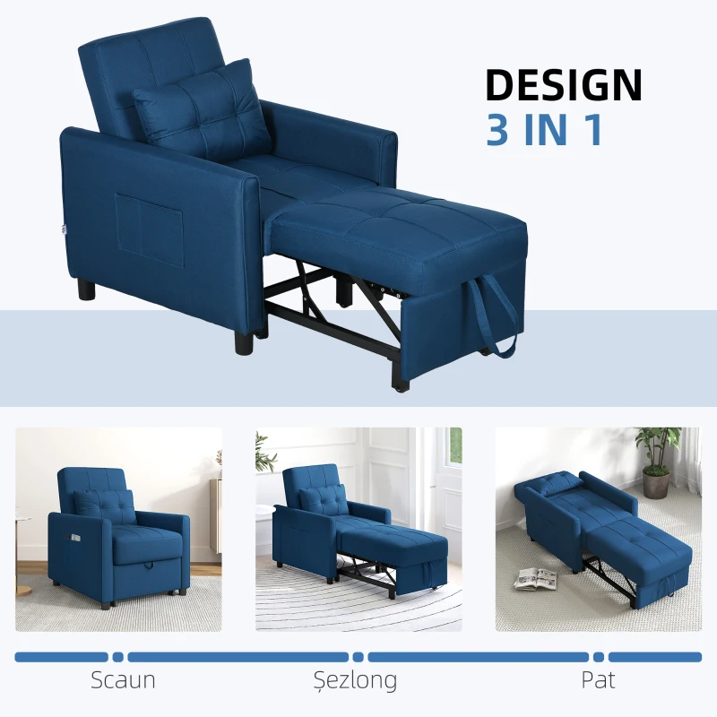 HOMCOM Fotoliu Pat Individual cu Spătar Reglabil pe 3 Nivele, 2 Roți și Pernă din Țesătură, 69x82x85 cm, Albastru(m-6)