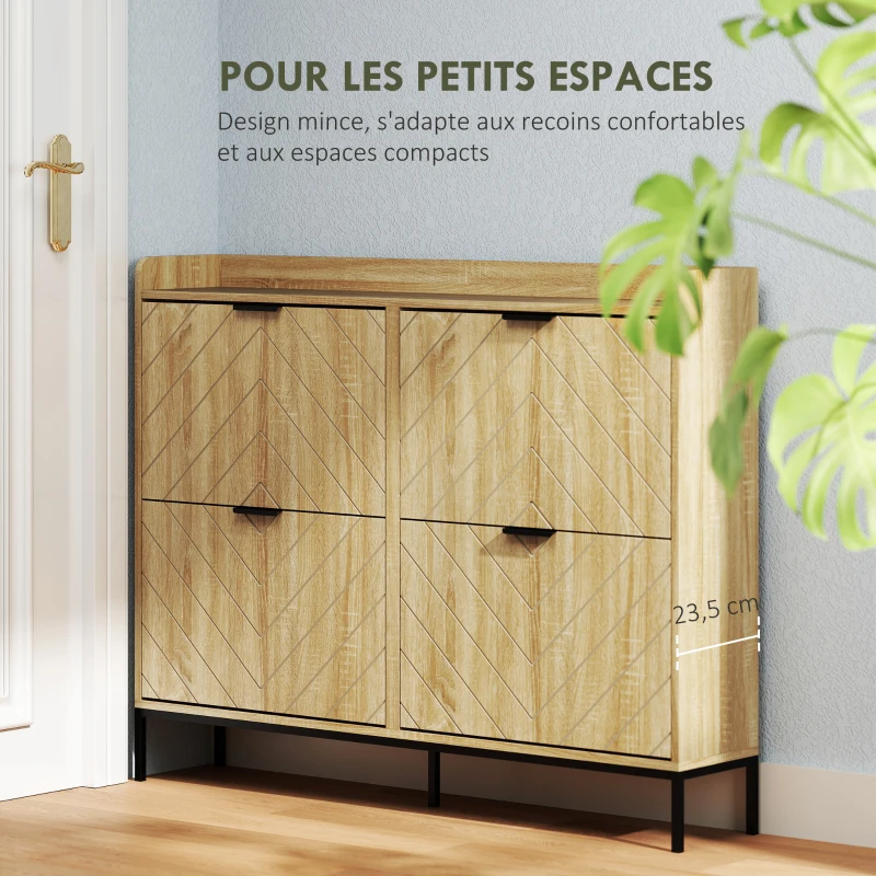 HOMCOM Meuble à chaussures 16 paires avec 4 tiroirs, portes rabattables, étagères réglables, 110 x 23,5 x 95,5 cm, chêne