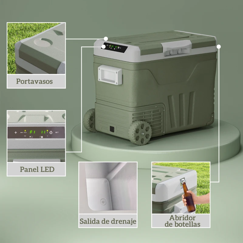 Outsunny Nevera Portátil Eléctrica 45L Refrigerador de Coche 12V/24V -20℃ a +20 ℃ con Pantalla LED Táctil 64,5x43,5x53 cm Verde