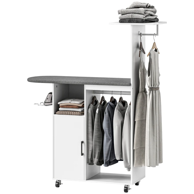 HOMCOM Estación de Planchado con Ruedas Barra para Ropa Tabla de Planchar 127,5x43,5x153 cm Blanco