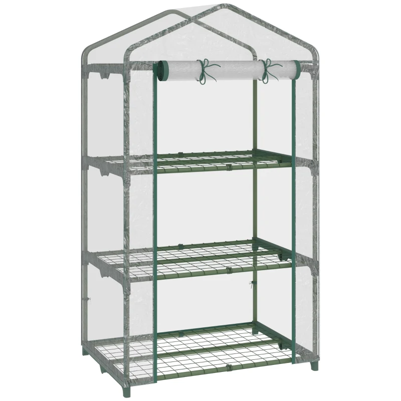 Outsunny Serre de jardin avec étagères 3 niveaux, serre de balcon, bâche renforcée PVC, châssis en acier, porte zippée enroulable, pour légumes plantes fleurs, 69 x 49 x 125 cm, transparent