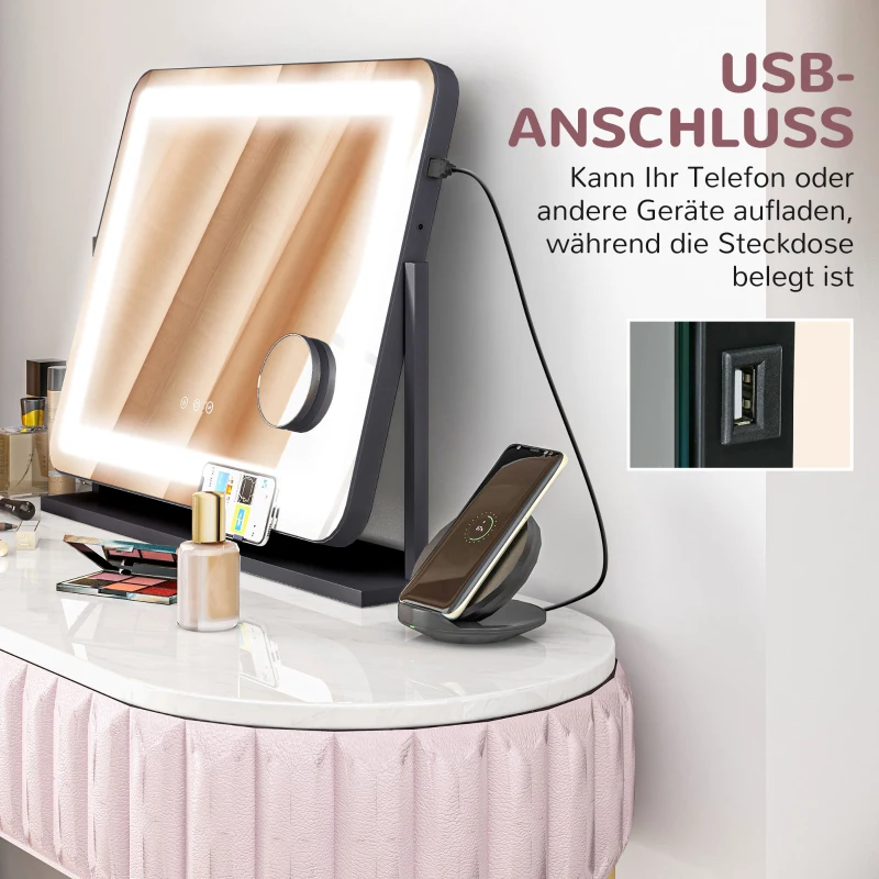 HOMCOM Schminkspiegel mit LED-Lampen, USB-Anschluss, 3 Modi, drehbar, Schwarz