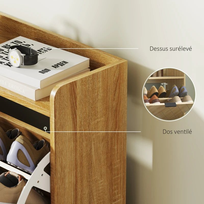 HOMCOM Meuble à chaussures 16 paires avec 4 tiroirs, portes rabattables, étagères réglables, 110 x 23,5 x 95,5 cm, chêne