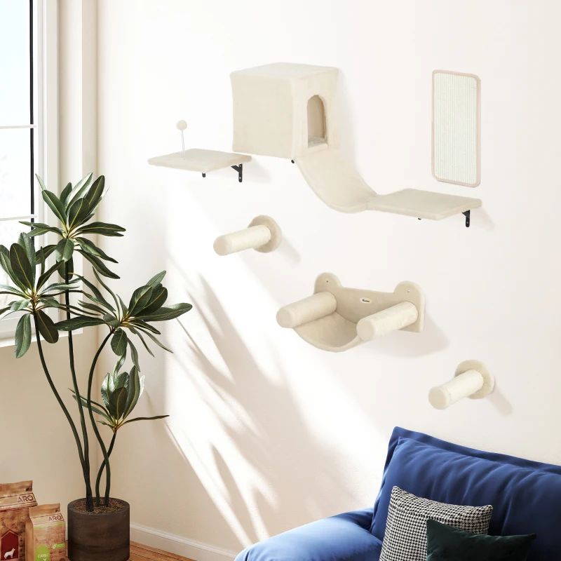 PawHut Juego de Escalada para Gatos de Pared de 6 Piezas con Condominio Plataforma Hamaca Escaleras y Tabla de Rascar Beige