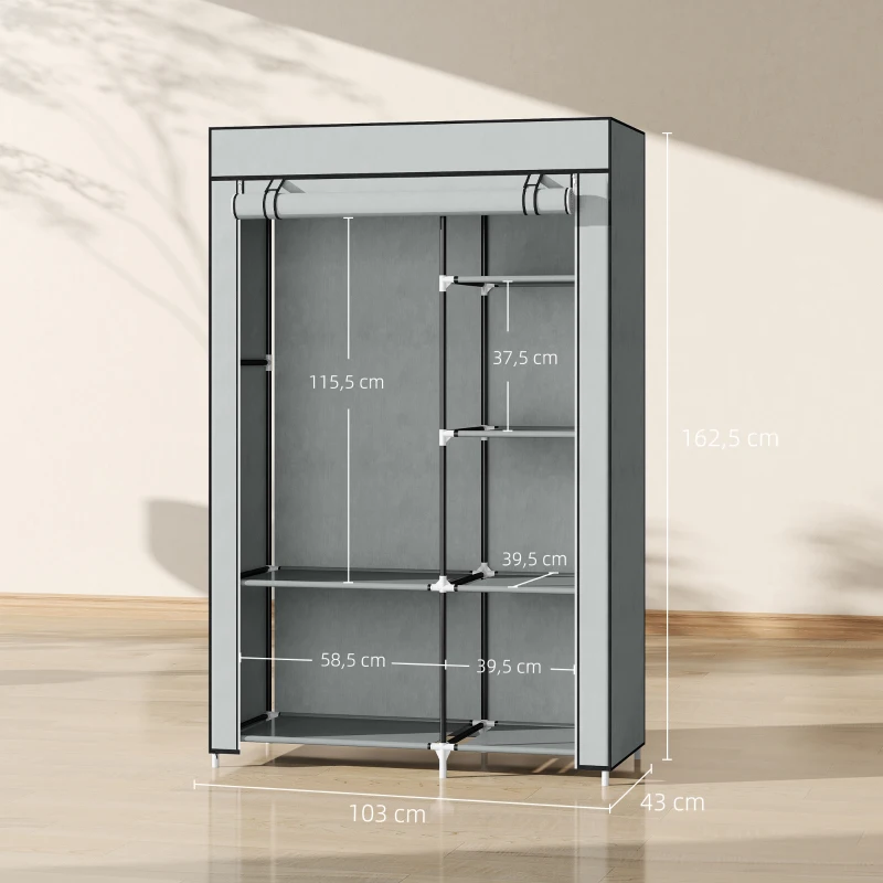 HOMCOM Roupeiro de Tecido Dobrável com 6 Prateleiras e 1 Barra de Pendurar para Dormitório Vestidor 103x43x162,5cm Cinza