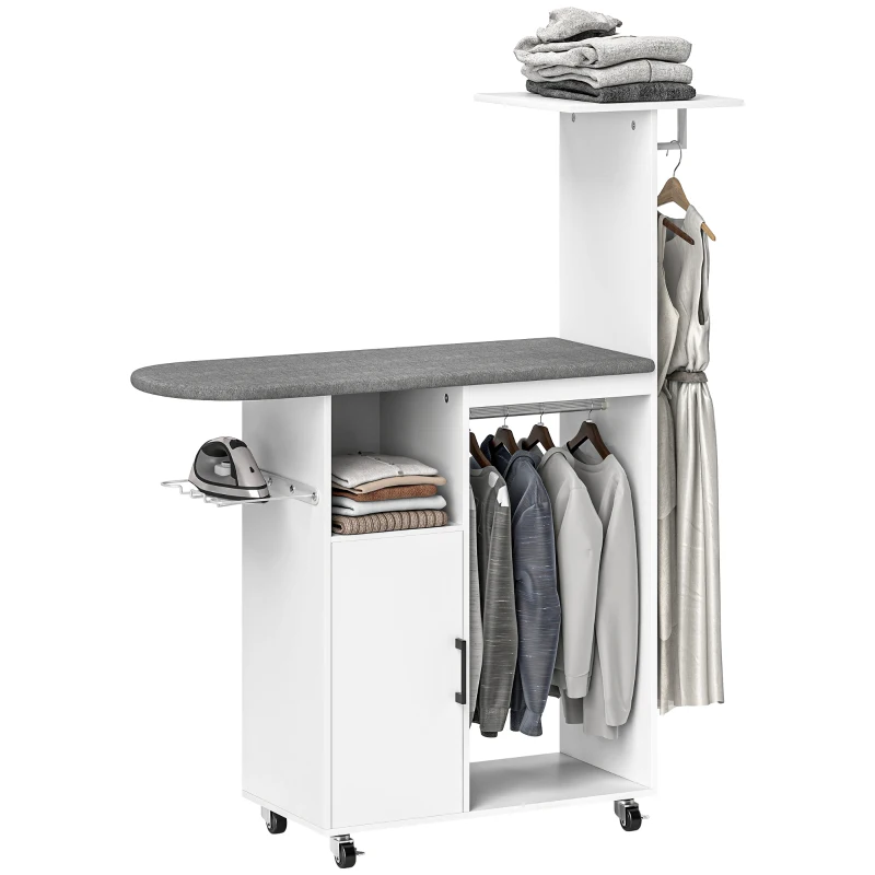 HOMCOM Estación de Planchado con Ruedas Barra para Ropa Tabla de Planchar 127,5x43,5x153 cm Blanco