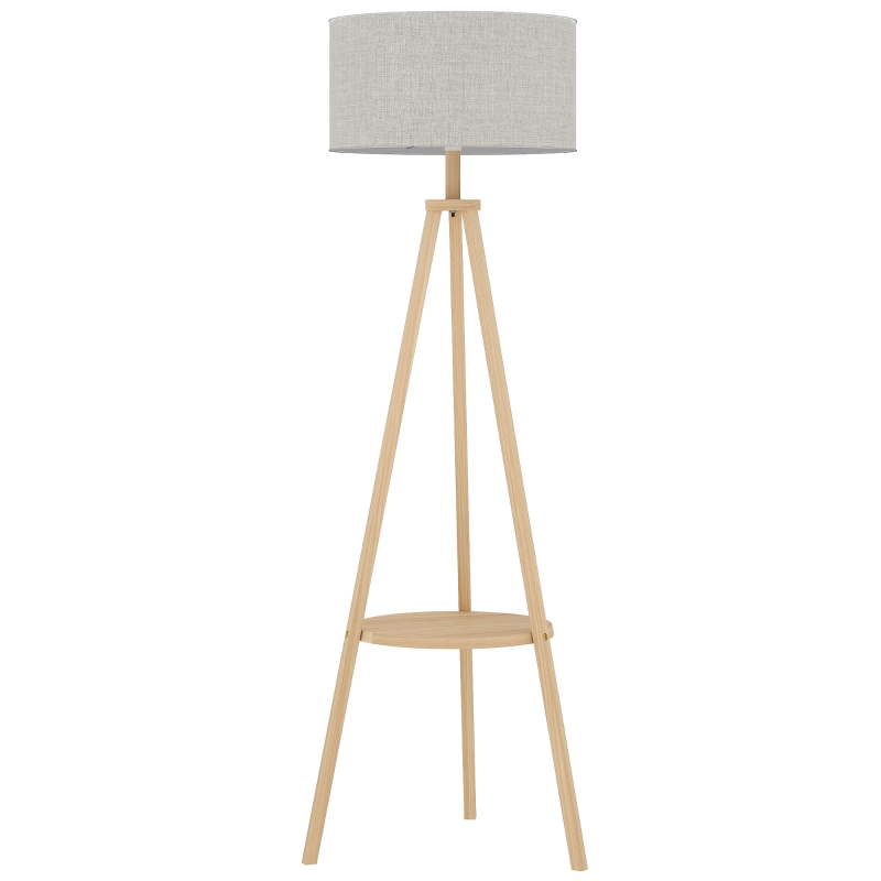 HOMCOM Lámpara de Pie Tipo Trípode con Estructura de Madera Natural y Pantalla de Tela Gris con Estante Integrado 48x48x153 cm