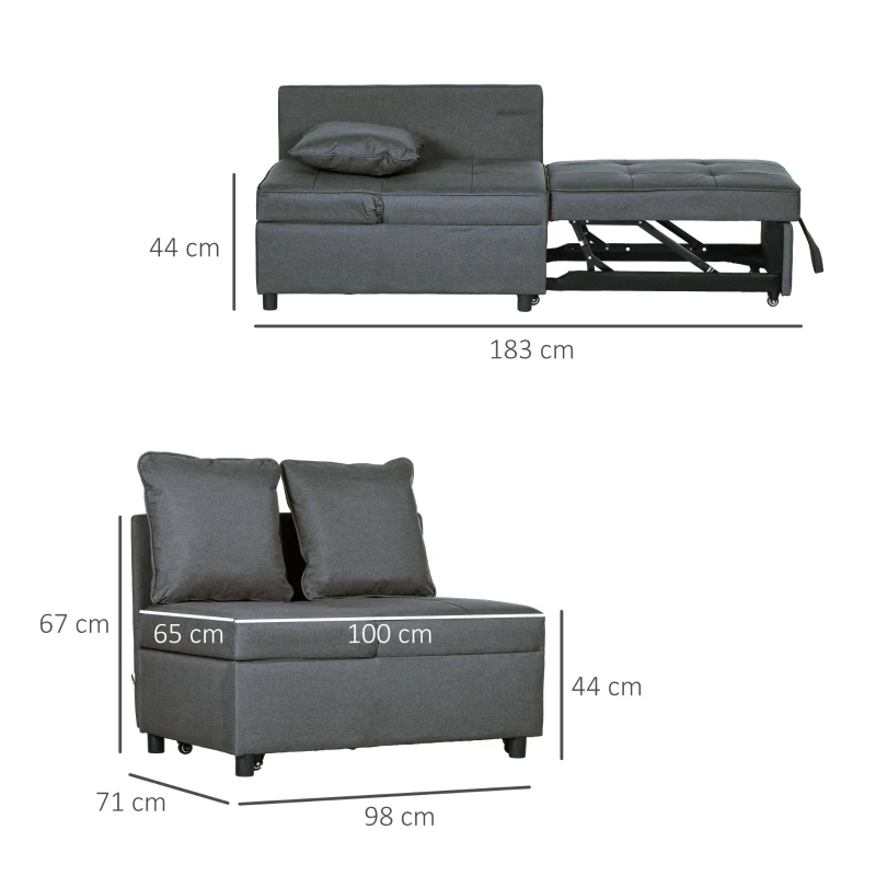 HOMCOM Sofá Cama 3 em 1 Sofá de 2 Lugares com Encosto Ajustável Sofá Cama Individual com Almofadas 65x98x69 cm Cinzento