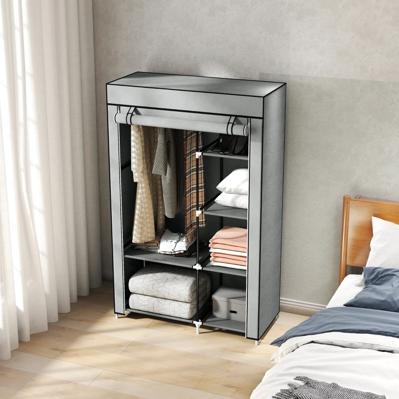 HOMCOM Armadio Guardaroba Portatile Tessuto non Tessuto con 6 Ripiani Aperti e un Appendino, 103x43x162.5 cm, Grigio