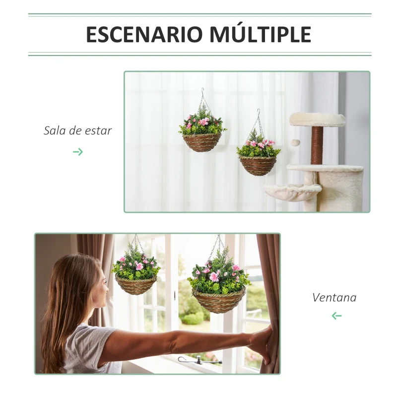 Outsunny Juego de 2 Plantas Colgantes de Lisianthus Sintéticas con Maceta de Mimbre y Cadenas Ø25x34 cm Rosa y Verde
