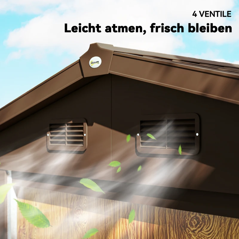 Outsunny Gartenschuppen, Geräteschuppen, Gartenhaus mit Fenster, wetterfest, Holzoptik, Stahl, 152 x 235,7 x 208,7 cm, Braun
