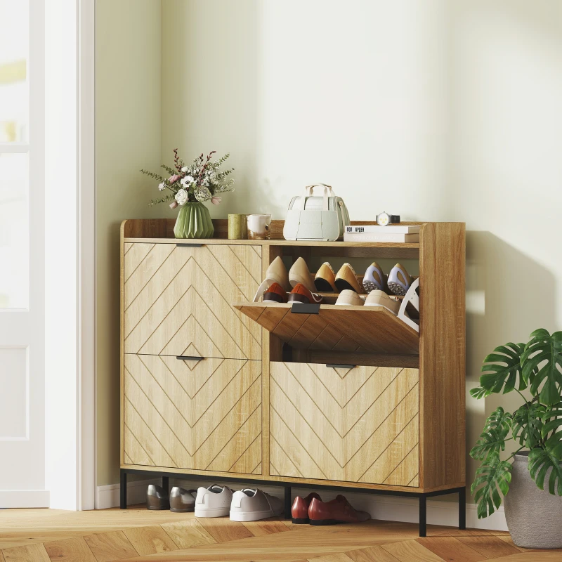 HOMCOM Meuble à chaussures 16 paires avec 4 tiroirs, portes rabattables, étagères réglables, 110 x 23,5 x 95,5 cm, chêne