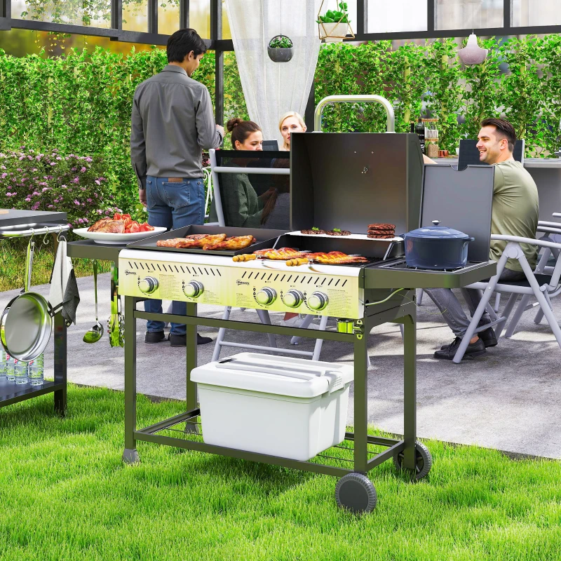 Outsunny Barbecue a Gas con Piastra e Fornello, Coperchio con Termometro e Ripiani, Regolatore e Tubo Inclusi, Nero