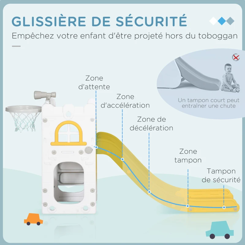 AIYAPLAY Toboggan pour enfants 5 en 1 avec panier de basket escalade télescope espace de rangement 70 x 177 x 92 cm jaune