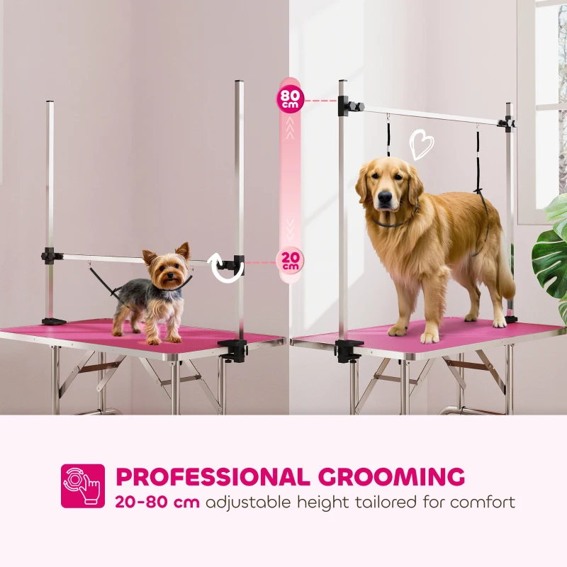 PawHut 42" Dog Grooming Table, Adjustable Pet Cat Drying Beauty Table with 2 Loops Storage Basket, Rubber Top, Pink