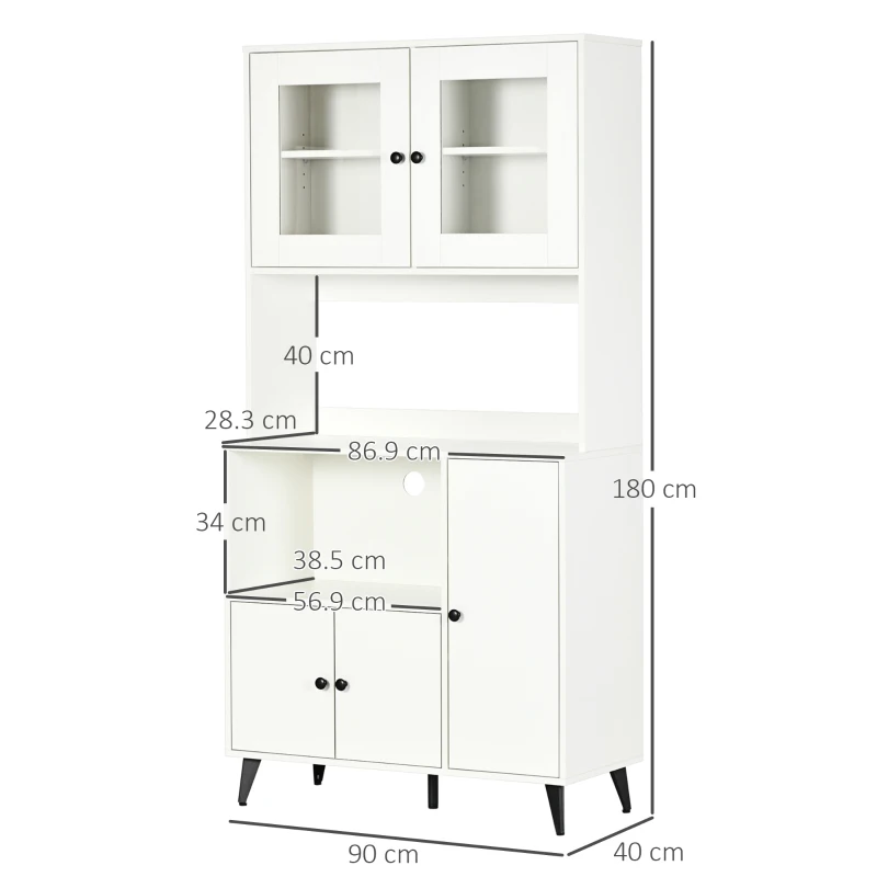 HOMCOM Freestanding Kitchen Cupboard, Modern Kitchen Storage Cabinet with Doors and Adjustable Shelves, 180cm, White