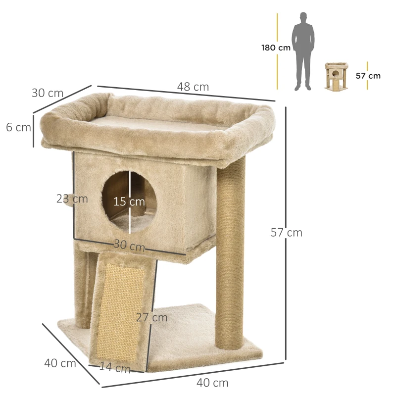 PawHut Árvore Arranhador para Gatos Pequenos Arranhador para Gatos com Poste de Juta Rampa Caverna e Bola Suspensa 40x40x57 cm Areia