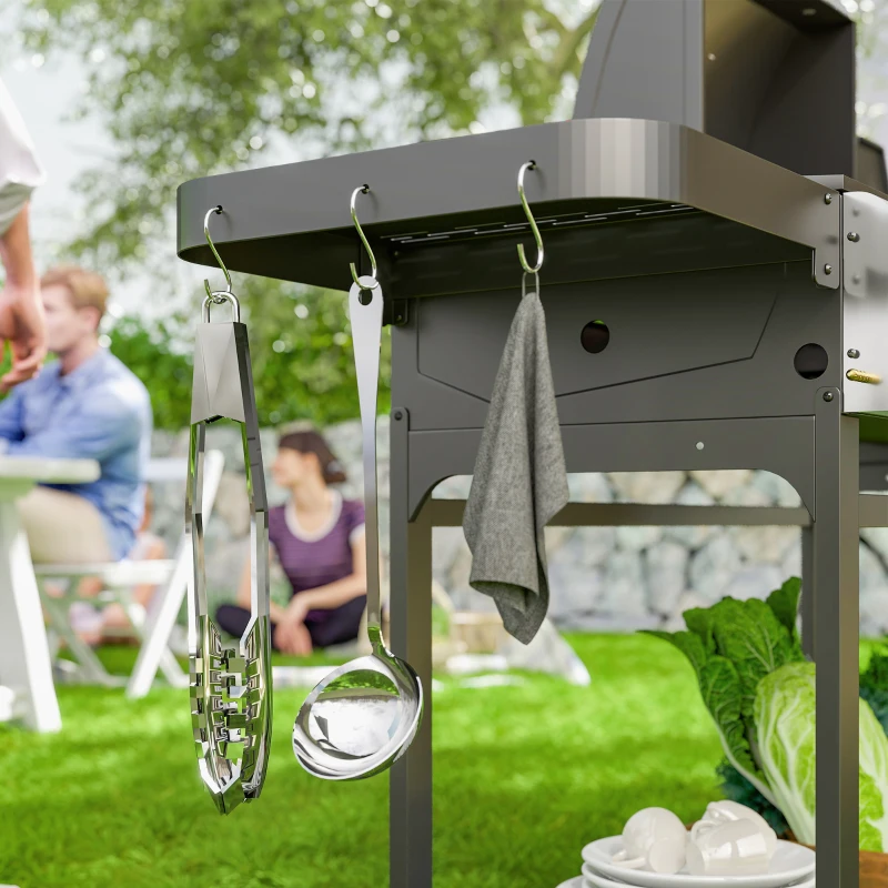Outsunny Barbecue a Gas con Piastra e Fornello, Coperchio con Termometro e Ripiani, Regolatore e Tubo Inclusi, Nero