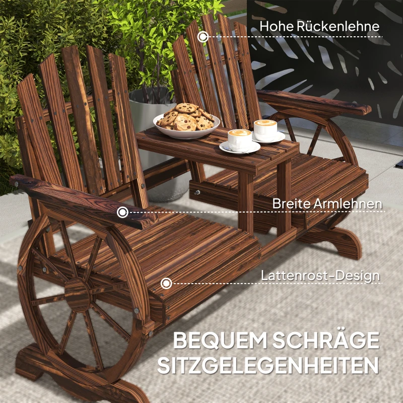 Outsunny 2-Sitzer Gartenbank Holz, wetterfest Sitzbank, mit Schirmloch, Beine im Wagenradform 154 x 65 x 102 cm Verkohlt