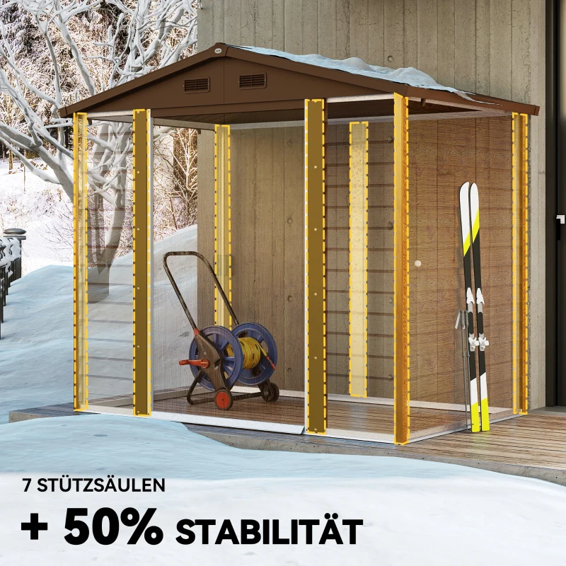 Outsunny Gartenschuppen, Geräteschuppen, Gartenhaus mit Fenster, wetterfest, Holzoptik, Stahl, 152 x 235,7 x 208,7 cm, Braun