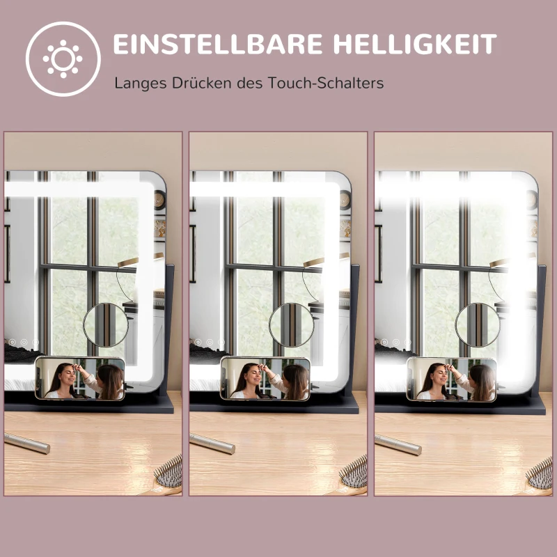 HOMCOM Schminkspiegel mit LED-Lampen, USB-Anschluss, 3 Modi, drehbar, Schwarz