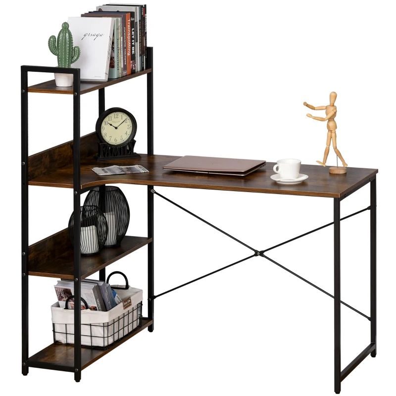 HOMCOM Office Desk with Storage Shelves, 120 CM Computer Desk, Industrial Study Table with Metal Frame for Home Office Small Space, Rustic Brown