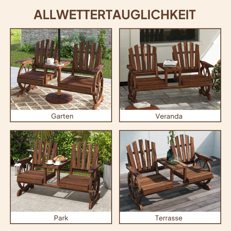 Outsunny 2-Sitzer Gartenbank Holz, wetterfest Sitzbank, mit Schirmloch, Beine im Wagenradform 154 x 65 x 102 cm Verkohlt