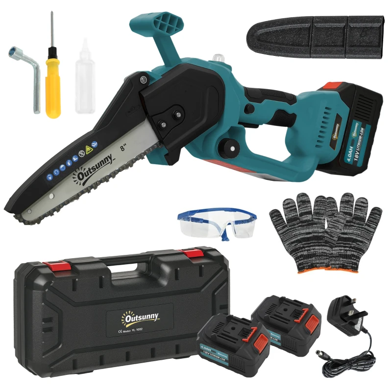Outsunny Mini Chainsaw Cordless, 8 Inch Electric Chainsaw with 2 x 4000mAh Batteries, Brushless Motor and Safety Lock for Tree Trimming, Garden, Wood Cutting, Blue
