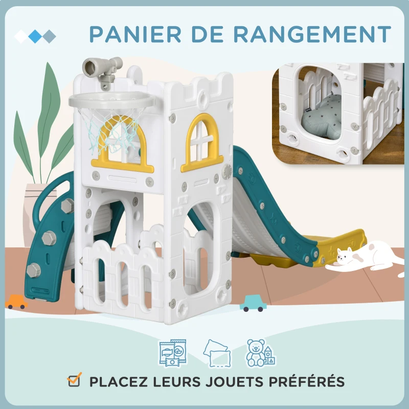AIYAPLAY Toboggan pour enfants 5 en 1 avec panier de basket escalade télescope espace de rangement 70 x 177 x 92 cm jaune