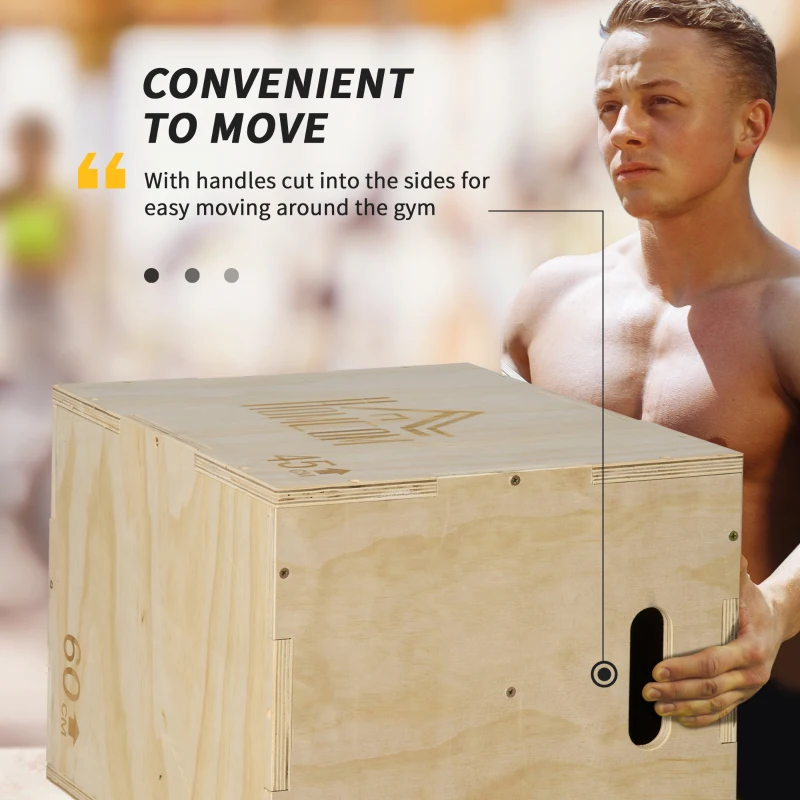 HOMCOM 3-in-1 Wooden Plyo Box, Plyometric Jump Box with Handle Openings for Home Gym, Workout Training, Natural