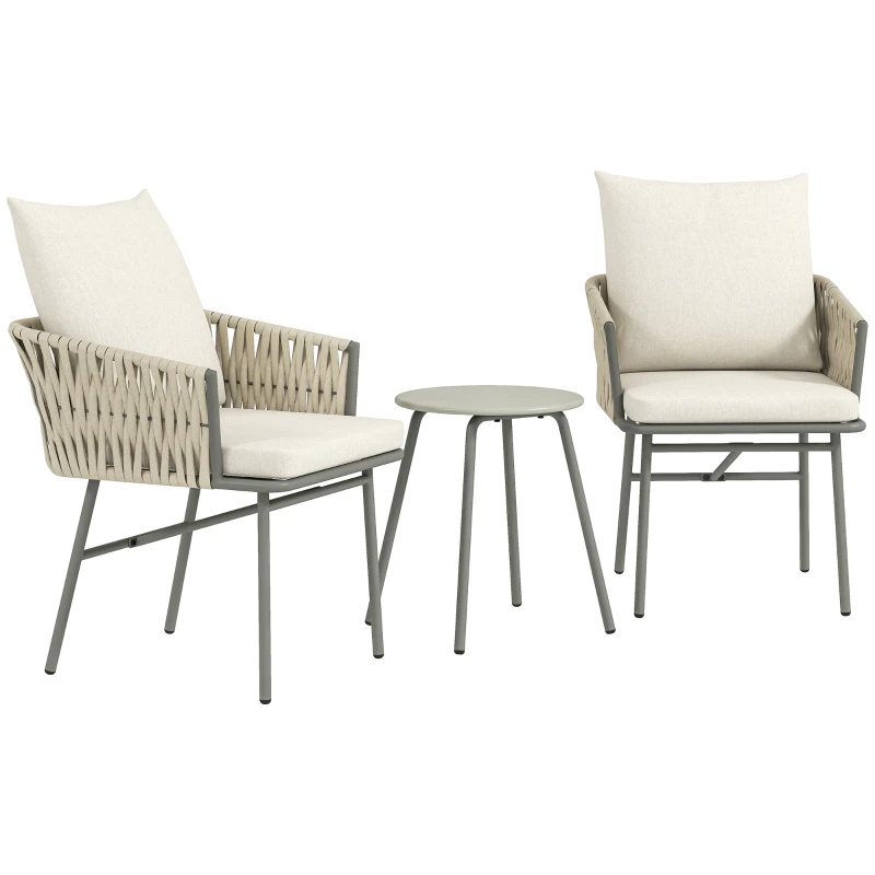 Outsunny Conjunto de Muebles de Jardín de Ratán Sintético con 2 Sillas con Cojines Extraíbles y Mesa con Tablero de Metal Gris