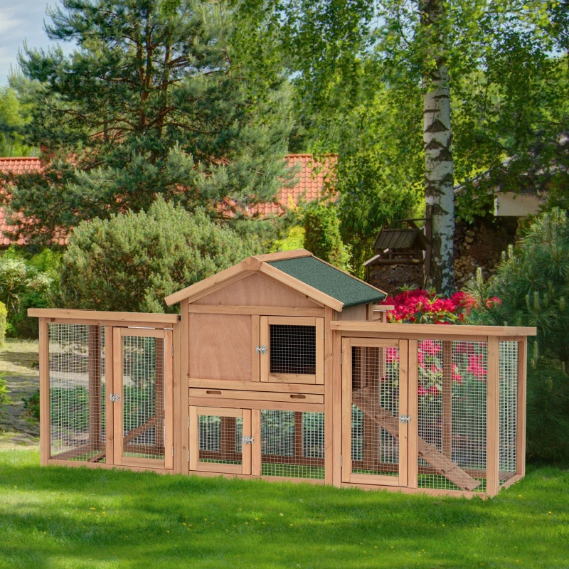 PawHut Zwerghühnerstall mit Freigehege, inkl. Nistkasten, Rampe und Bodenwanne Tannenholz Natur-Grün