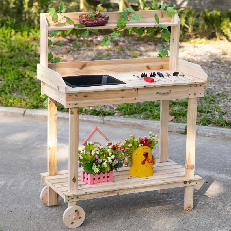 Outsunny Pflanztisch mit Schublade 2 Stufen Gärtnertisch mit waschbecken und Rollen Garten Tannenholz Natur 92 x 45 x 119 cm