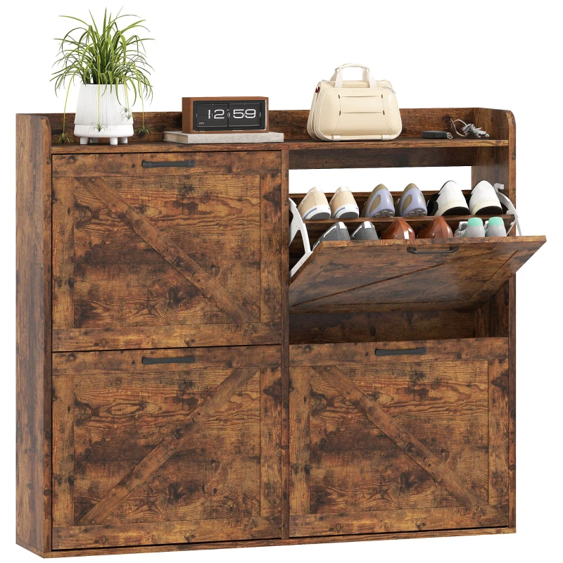 HOMCOM Sapateira de 4 Portas com Prateleiras Ajustáveis Estilo Industrial para 24 Pares de Sapatos 120x24x103 cm Castanho Rústico