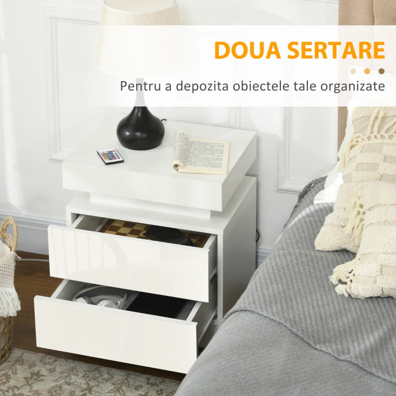 Noptiera alba HOMCOM cu lumina LED RGB, noptiera frontala lucioasa cu 2 sertare, pentru camera de zi, dormitor