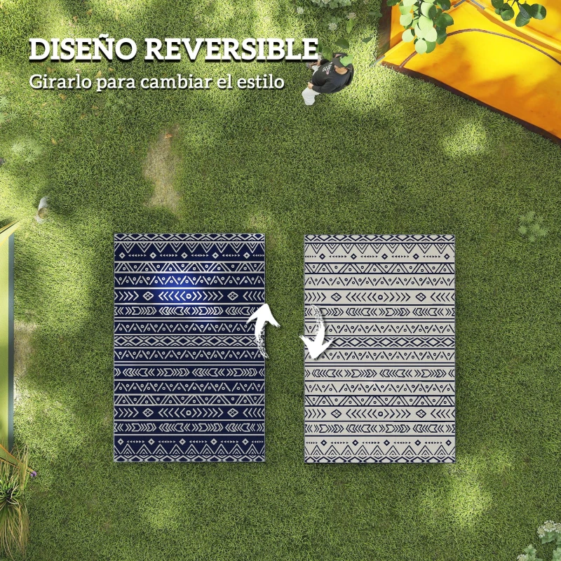 Outsunny Alfombra de Exterior Reversible 182x274 cm con Patrón Geométrico de Cenefa Impermeable con Bolsa Azul y Blanco
